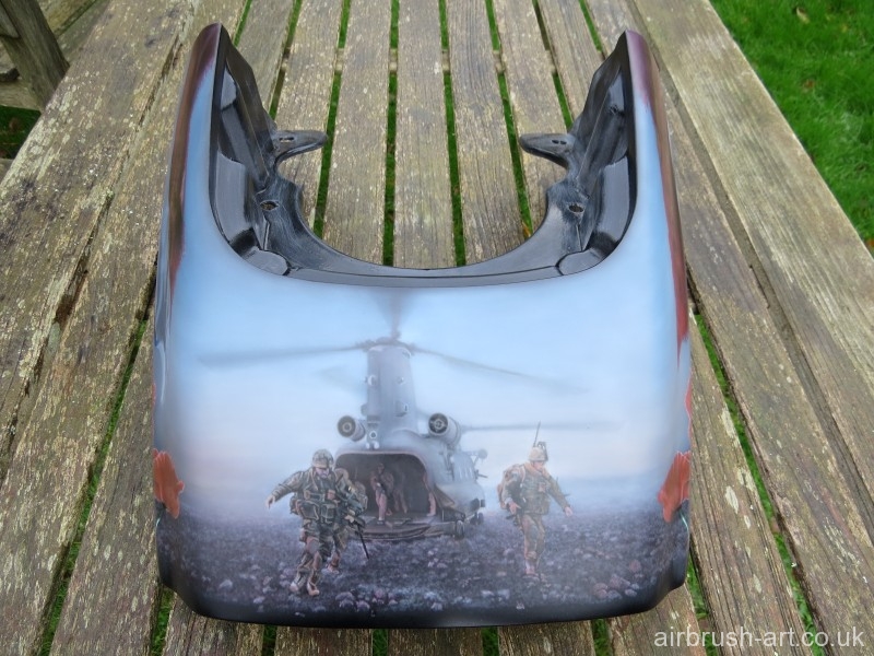 Rear of Harley panel showing airbrushing of Paratroopers leaving their landed helicopter.